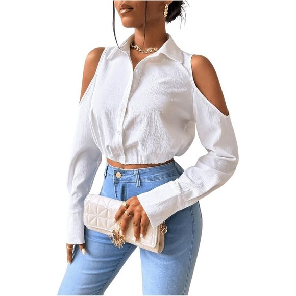 Women's Cold Shoulder Long Sleeve Button Down Collared Cropped Blouses - Picture 1 of 6